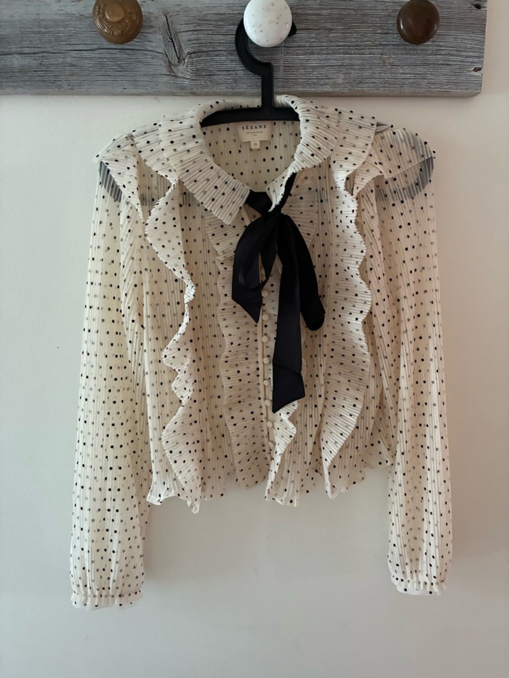 Sezane Cream Polka Dot Ruffled Blouse with Black Bow - Picture 2 of 11